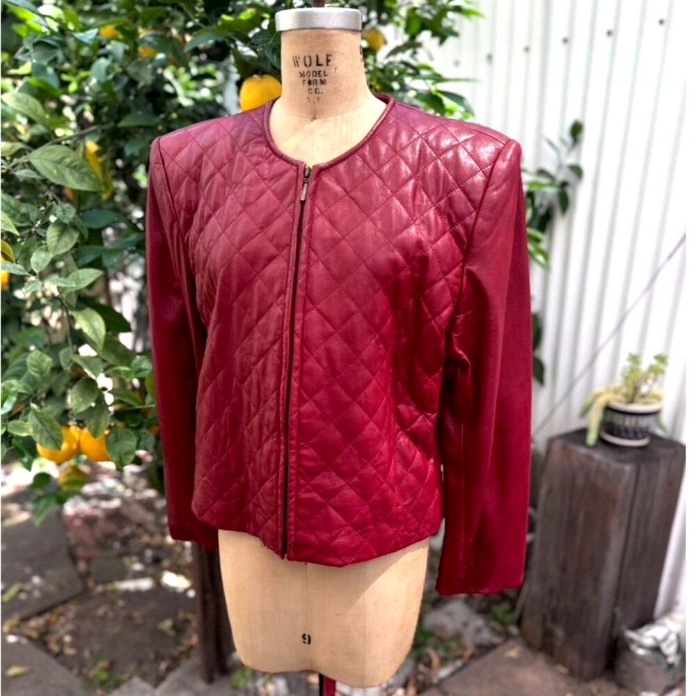 VTG Valerie Stevens Red Quilt Leather New Zealand Lamb Collarless Jacket Size L